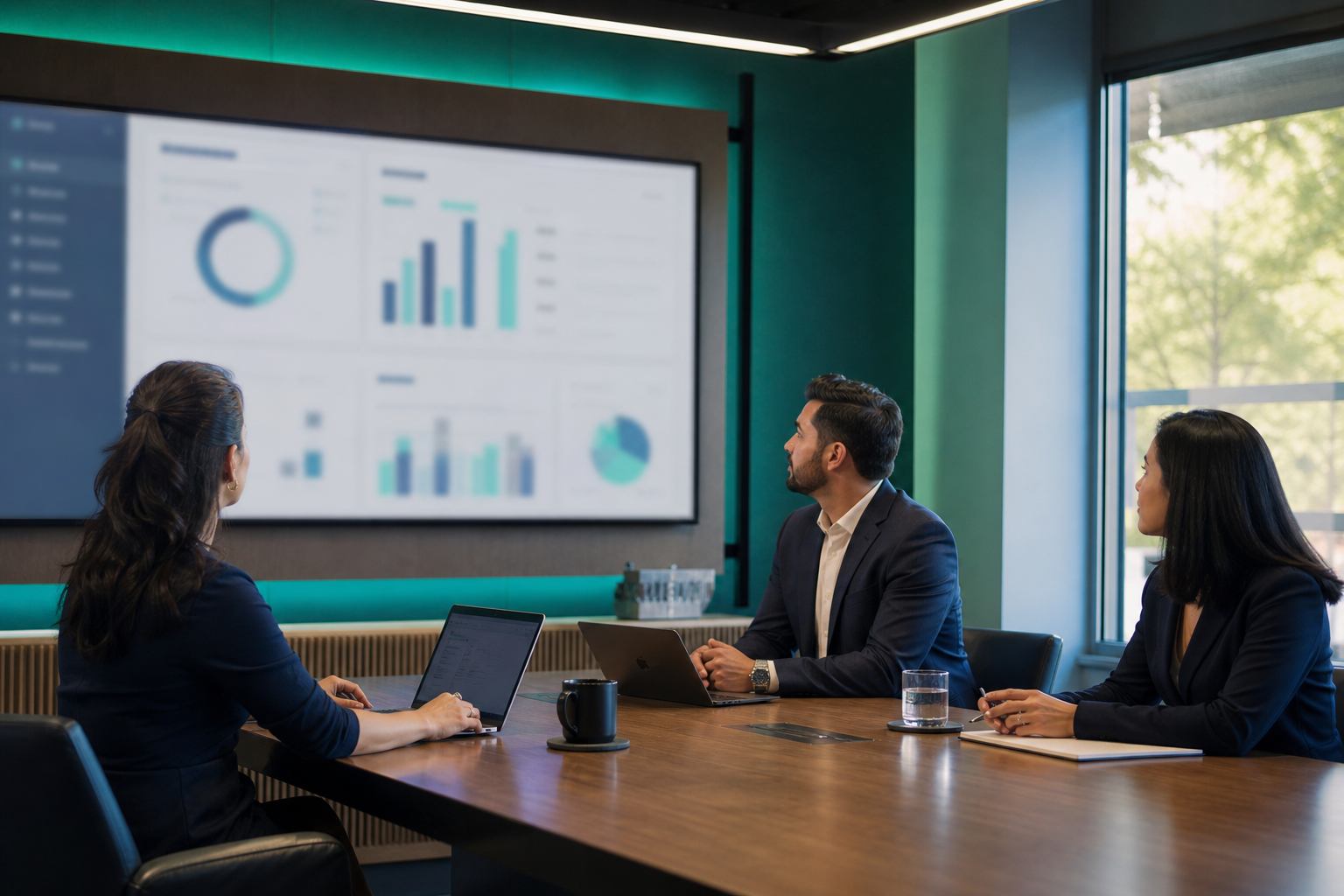 Team reviewing an analytics solution in a meeting room